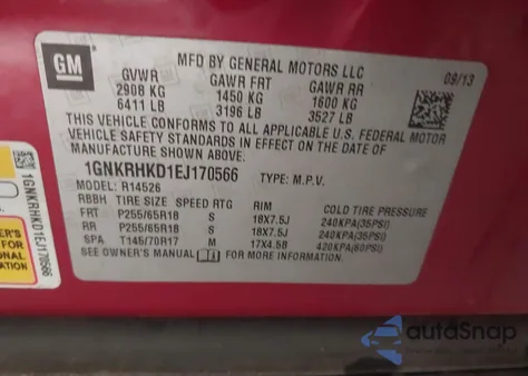 2014 Chevrolet Traverse 2Lt из США, поврежденный, VIN 1GNKRHKD1EJ170566